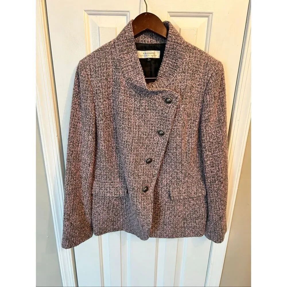 TAHARI by ASL Miliary Style Blazer Tweed Jacket Stand Collar Pink Grey sz 16